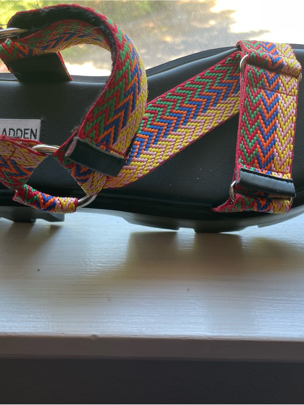 Steve Madden Rainbow Braided Strap Sandals with Silver Ring